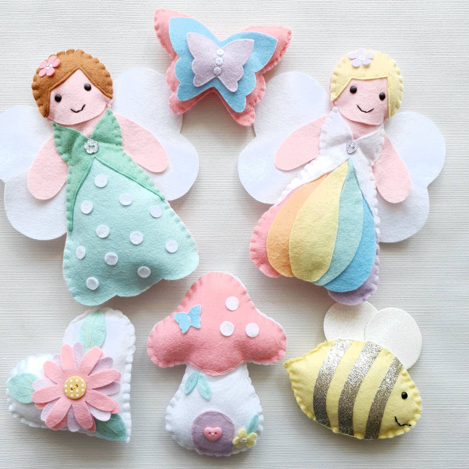 Princess fairy, toadstool, bumblebee felt garland. Nursery decor,girls bedroom, pastel rainbow decoration