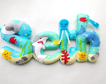 Under the Sea Felt Name Banner, mermaid and sea creatures, children's decor, baby girl boy, octopus, mermaid personalised garland, bunting