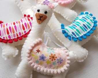 Llamacorn hanging decoration, llama with unicorn horn and flower headband, floral llama