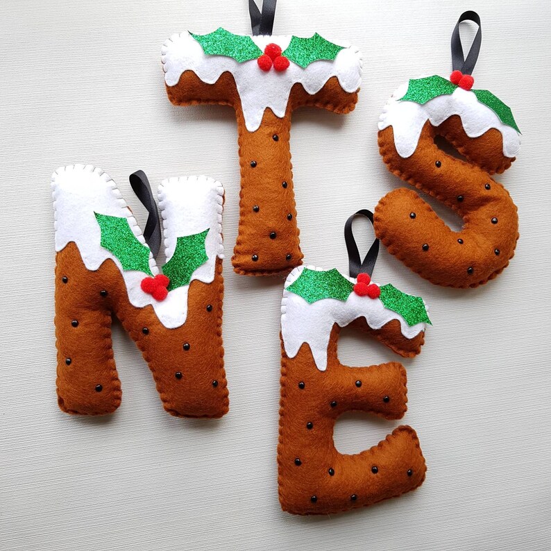 Personalised Christmas pudding hanging Letter. 18cm felt | Etsy