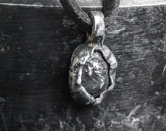 Raw Silver Pendant: Brutalist Organic Necklace, Brown Suede Cord