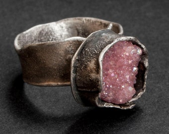 Oxidized Silver Druzy Ring: Raw Quartz, Adjustable Band
