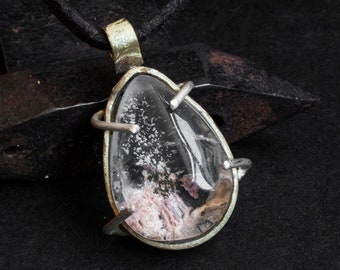 Rutile quartz pendant Brass necklace Silver pendant Quartz necklace Mix metal pendant Natural quartz stone Pendant for women Jewelry pendant