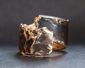 Melted Brass Ring: Wide Raw Metal Band, Brutalist Jewelry