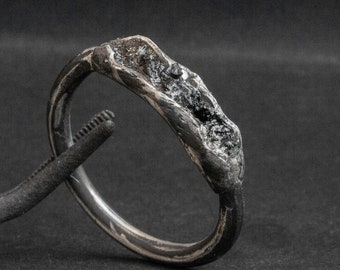 Raw Black Tourmaline Ring: Oxidized Sterling Silver Rustic Band