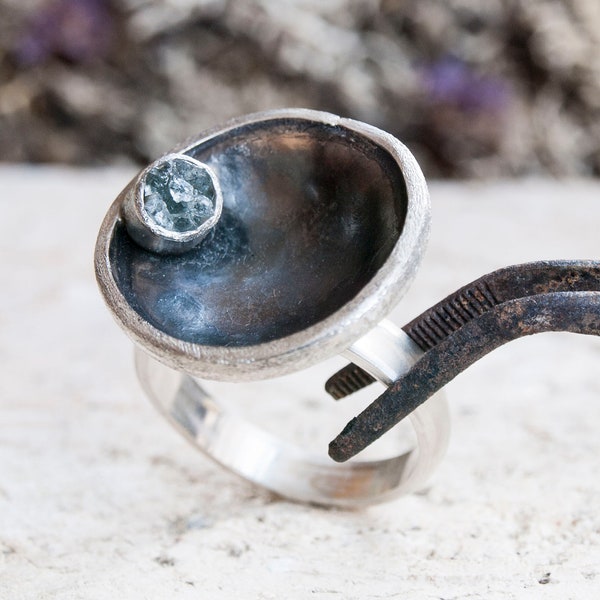 Abstrakter Ring Sterling Silber 925 Silberschmuck Art Stil Ring Ungewöhnlicher Ring Roher Aquamarin Ring Oxidierter Silberring Stapelbar Ring Frauen