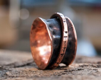 Copper Spinner Ring: Patina Bohemian Band Ring, Brutalist Jewelry