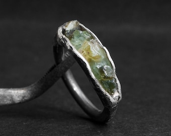 Handmade Raw Green Tourmaline Ring: Oxidized Sterling Silver Band