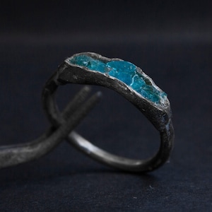 Handmade Raw Apatite Silver Ring: Oxidized Rustic Band