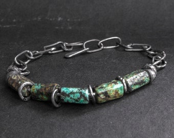 Handmade Sterling Silver Turquoise Chain Bracelet: Raw Silver Jewelry