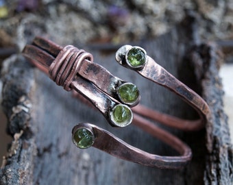 Raw Stone Peridot Copper Bangle Bracelet: Adjustable Rustic Jewelry