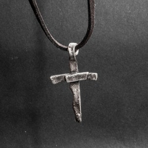 Rustic Silver Cross Necklace: Raw Silver Pendant, Leather Cord