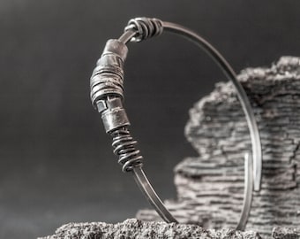 Handmade Oxidized Sterling Silver Bangle: Adjustable Rustic Bracelet