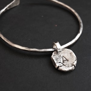 Hand Stamped Initial Sterling Silver Bangle: Rustic Charm Bracelet