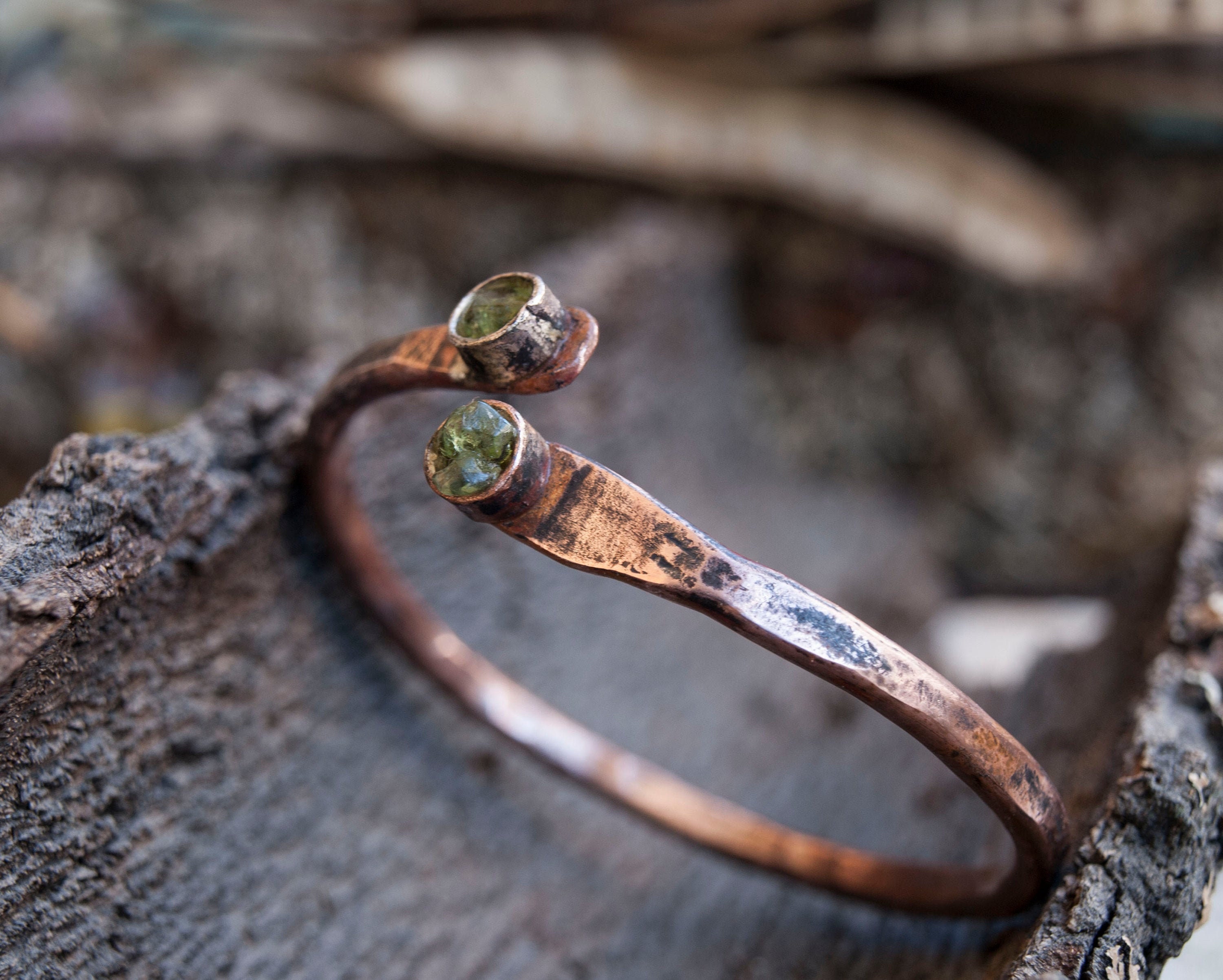 Hammered Copper Bangle Bracelet: Raw Peridot Gemstone, Rustic Boho Jewelry
