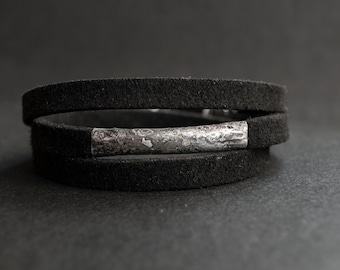 Leather bracelet Wrap silver bracelet Black leather jewelry Simple silver bracelet Unisex bracelet Handmade silver jewelry Everyday jewelry