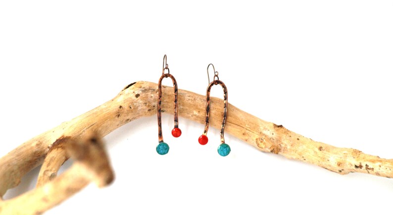Abstract art jewelry Blue red earrings Long copper earrings Metalwork Dangle drop Bar earring Minimalist jewelry Minimal drop Copper jewelry
