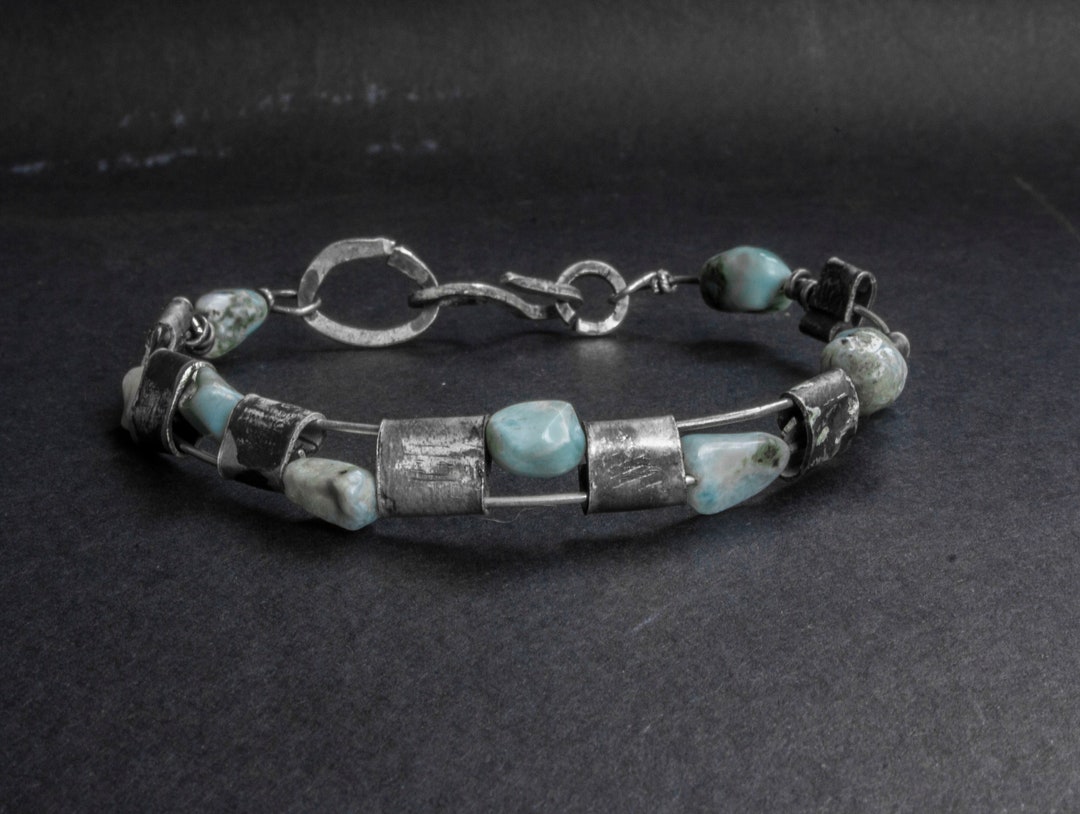 Raw Silver Bracelet Larimar Stone Bracelet Sterling Silver Jewelry ...