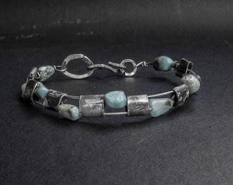 Raw Sterling Silver Larimar Bracelet: Brutalist Rustic Bangle
