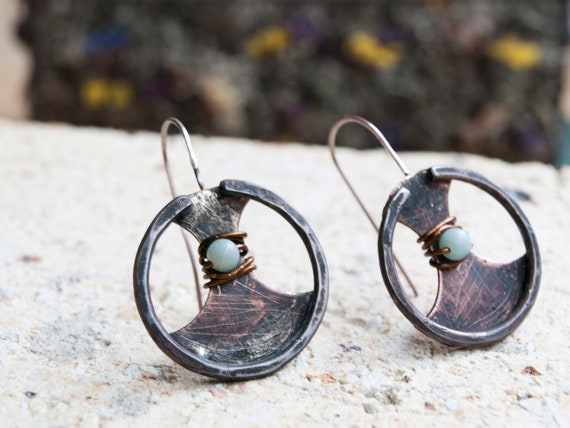 Colorful Copper Earrings Sterling Silver Kinetic Earrings Painted Copper Pillow Beads Earrings 7th Anniversary Gift Boho lgbstyles Jewelry