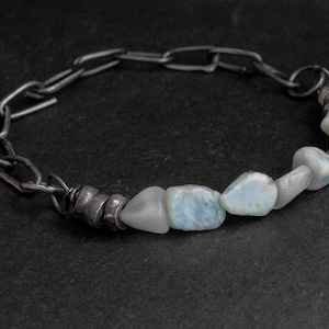 Raw Larimar Stone Bracelet: Sterling Silver Chain, Rustic Jewelry image 1