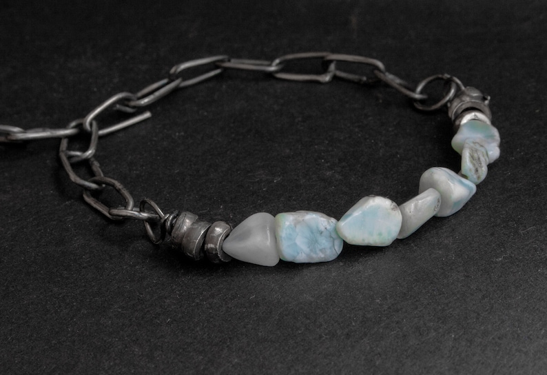 Raw Larimar Stone Bracelet: Sterling Silver Chain, Rustic Jewelry image 1