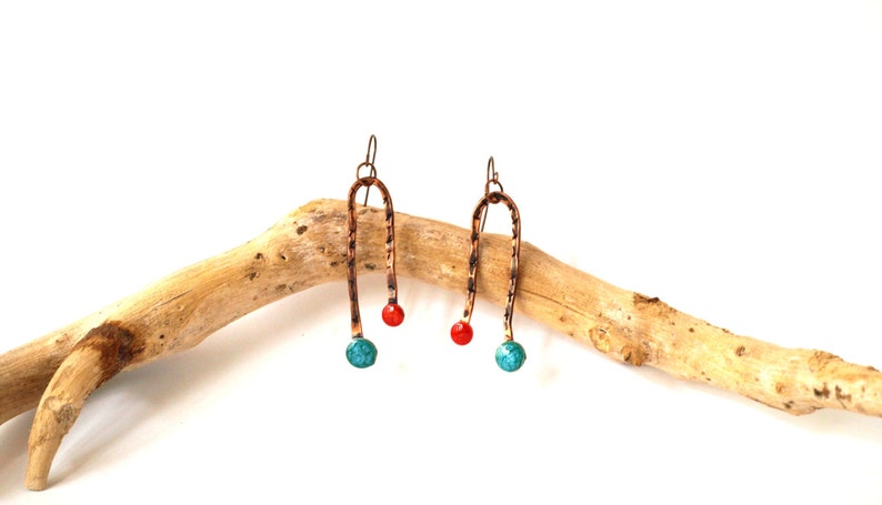 Abstract art jewelry Blue red earrings Long copper earrings Metalwork Dangle drop Bar earring Minimalist jewelry Minimal drop Copper jewelry