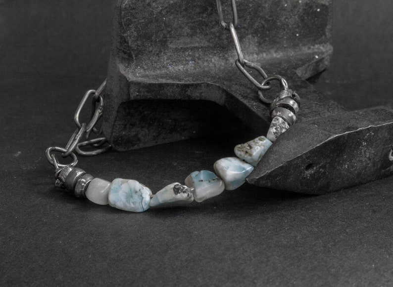 Raw Larimar Stone Bracelet: Sterling Silver Chain, Rustic Jewelry image 6