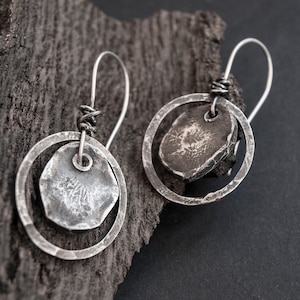Organic silver earrings Raw silver rustic Dangle drop Circle dangle earrings Hand hammered jewelry Rough textured sterling silver jewelry