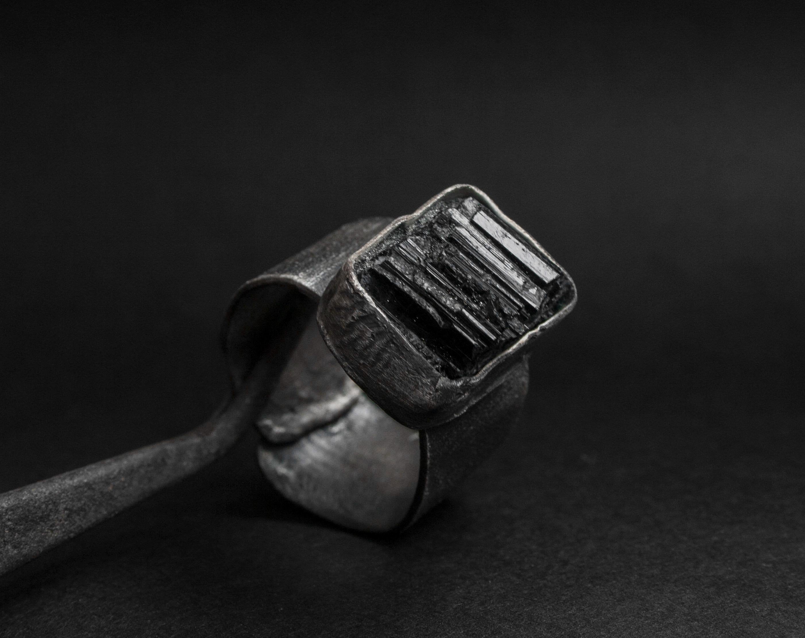 Handmade Raw Tourmaline Silver Ring: Oxidized Rustic Band
