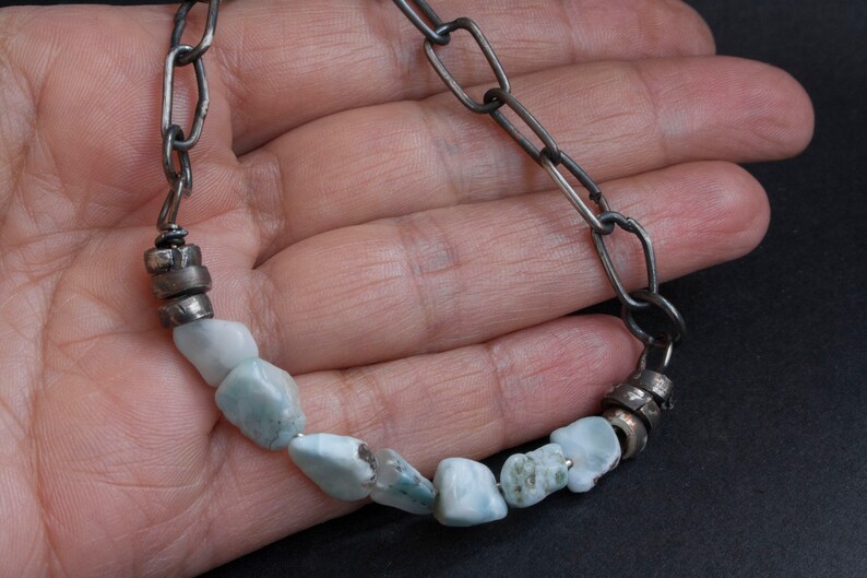 Raw Larimar Stone Bracelet: Sterling Silver Chain, Rustic Jewelry image 2