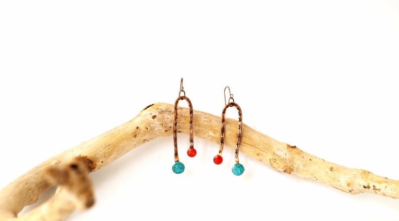 Abstract art jewelry Blue red earrings Long copper earrings Metalwork Dangle drop Bar earring Minimalist jewelry Minimal drop Copper jewelry