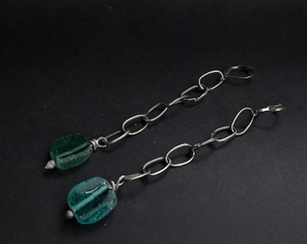 Ancient Roman Glass Dangle Earrings: Oxidized Sterling Silver Chain