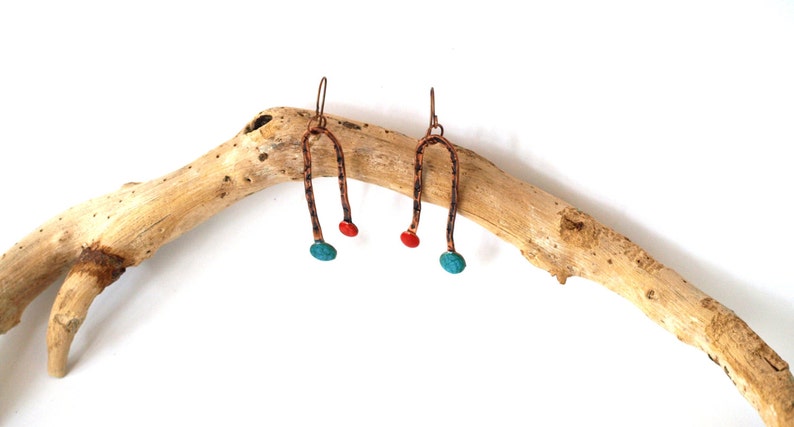 Abstract art jewelry Blue red earrings Long copper earrings Metalwork Dangle drop Bar earring Minimalist jewelry Minimal drop Copper jewelry