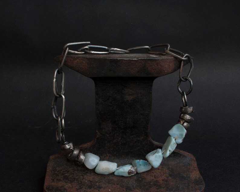 Raw Larimar Stone Bracelet: Sterling Silver Chain, Rustic Jewelry image 3