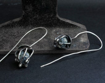 Raw sapphire earrings silver Sapphire jewelry Rustic silver dangle Organic silver earrings Art silver jewelry Earrings silver for my wife