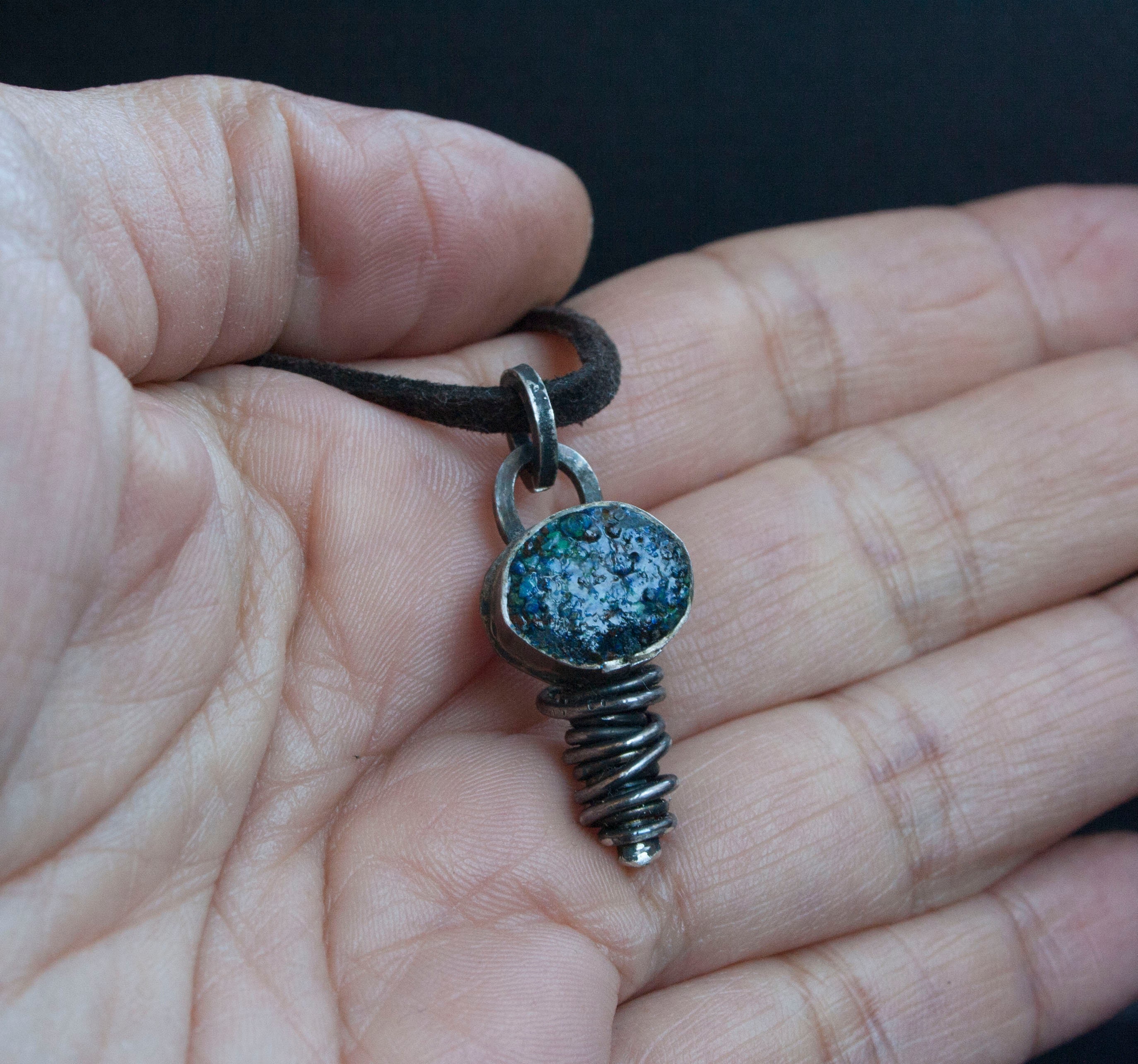 Oxidized Silver Chrysocolla Pendant: Rustic Brutalist Necklace