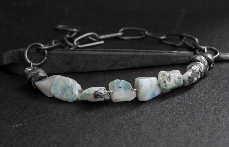 Raw Larimar Stone Bracelet: Sterling Silver Chain, Rustic Jewelry image 7