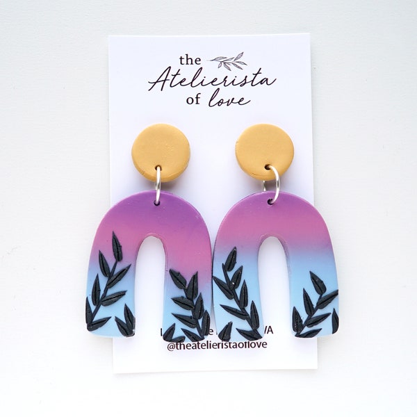 Ombre/Gradient and Black Leaves Polymer Clay Earrings