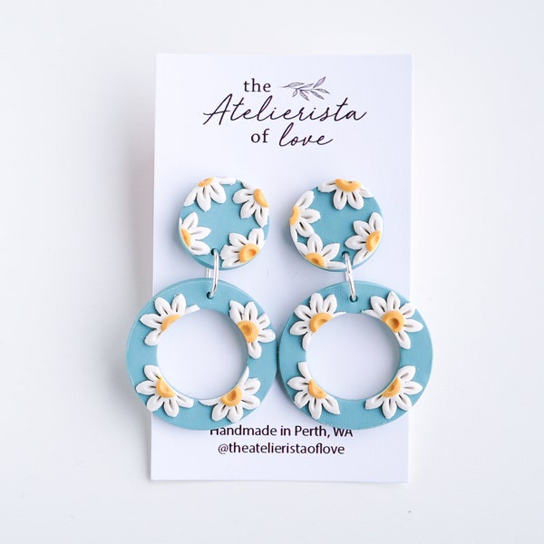 Blue and White Floral Print Polymer Clay Earrings