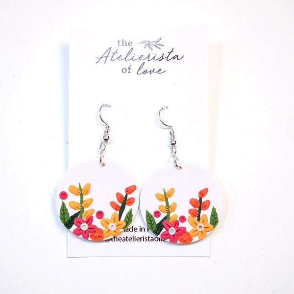 White Floral Pattern Polymer Clay Earrings