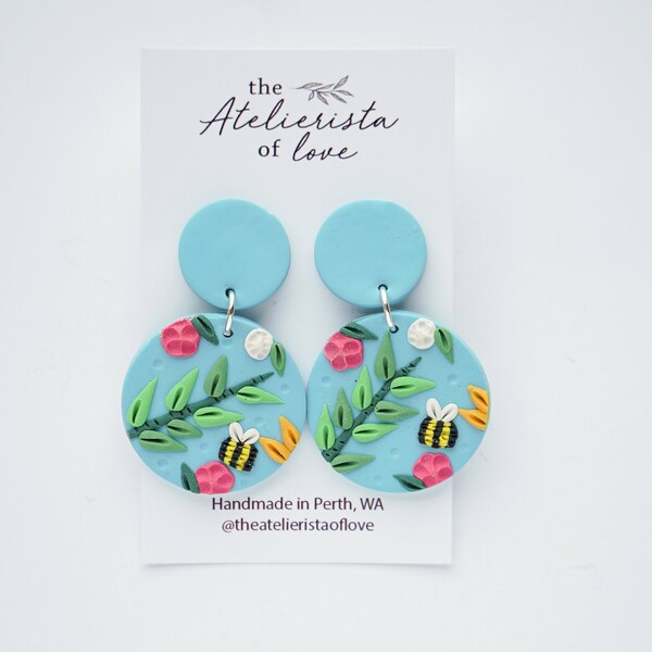 Blue Bumblebee Themed Polymer Clay Earrings