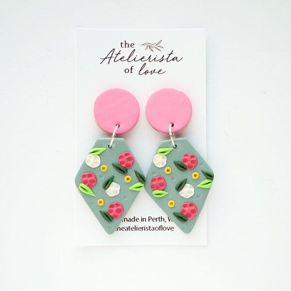 Grey and Pink Floral Polymer Clay Earrings