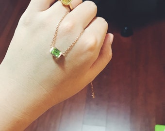 high quality emerald-cut peridot/ olivine clavicle chain necklace，plated rose gold, sterling silver, delicate necklace， August birthdaystone