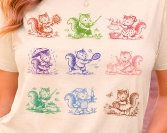 T-shirt vintage tatouage écureuil des années 90, t-shirt graphique adulte décontracté unisexe, chemises étranges drôles, chemise mignonne écureuil rétro, cadeau pour les amateurs d'écureuils