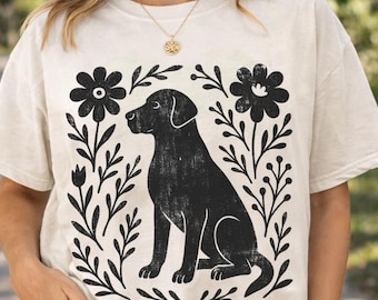 T-shirt de laboratoire d'art folklorique, t-shirt pour chien Cottagecore, graphique Labrador imprimé floral rustique