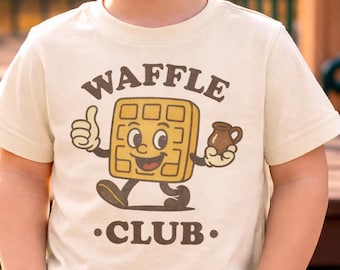 T-shirt Waffle Club pour tout-petits : t-shirt mascotte de petit-déjeuner rétro avec cruche de sirop, graphique de brunch dinercore, cadeau mignon pour gourmets, amateur de gaufres le week-end
