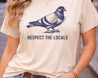 Respectez les habitants du quartier pigeon, t-shirt oiseau ville drôle, graphique bleu vintage, streetwear de la faune urbaine, chemise animal minimaliste, t-shirt unisexe