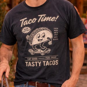 Comfort Colors® Taco Time Shirt, Retro Skate Taco Tee, Taco Tuesday Streetwear, Vintage Food Mascot Shirt, Funny Taco Tee, Tasty Tacos