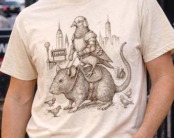 Pigeon Knight chevauchant un rat, T-shirt unisexe couleurs confort, Illustration vintage à l'encre, T-shirt graphique du métro de New York